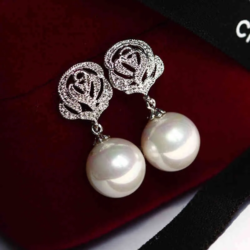 Luxury Rose Flower Pearl Öron Stud Örhängen Rhinestone Eardrop för Kvinnor Bröllopsfest Smycken Tillbehör