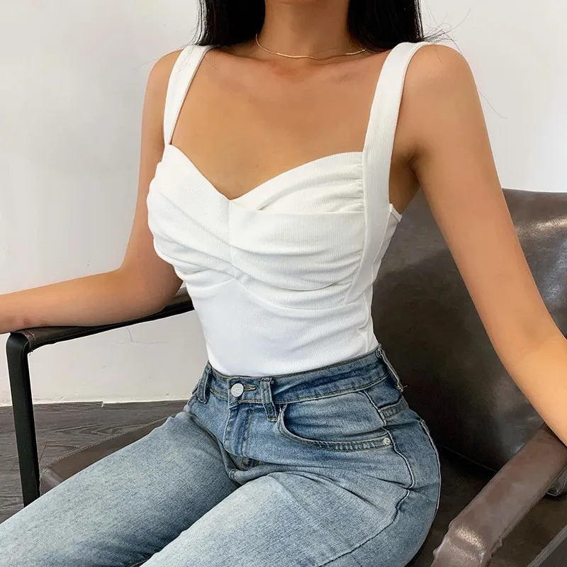 CNYISHE Mode Dos Nu Slim Crop Tops Femmes Sans Bretelles Sans Manches Solide Blanc Recadrée T-shirts Été Sexy Streetwear Chic Tops 210419