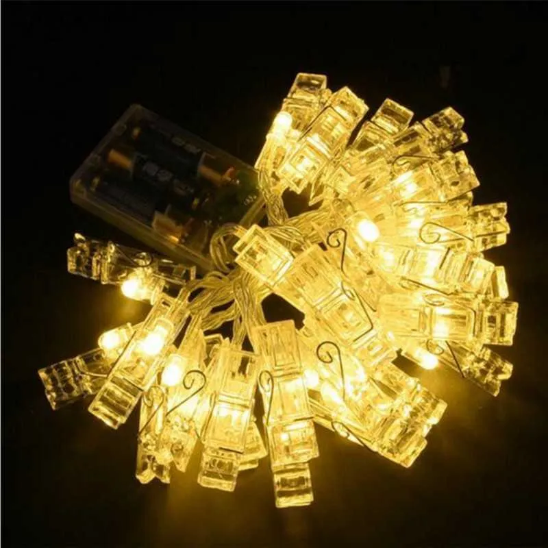 Batterie-LED-Foto-Clip-Halter Lichtzeichenfolge 10/20/30 LEDs Fairy-Kartenbild Clip-Pegs Licht Weihnachten Hochzeits-Party-Dekoration Y0720