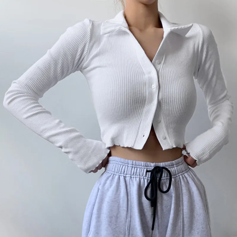 Casual Ribbed Knit Turn-Down Manches Longues Femmes Crop White T-Shirt Femme Single-Breasted Tee Shirt Top Pour Femmes Vêtements 210415
