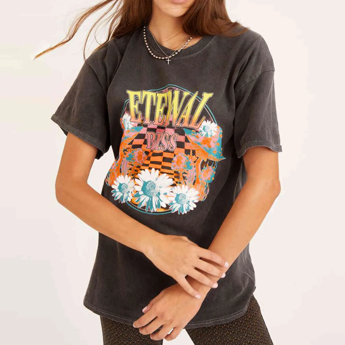 Jastie Oversize Boho Graphic Tees O-Neck Kortärmad Sommar Kvinnor Tshirts Toppar Y2K Casual Loose Beach T-shirt Kvinna Toppar 210419