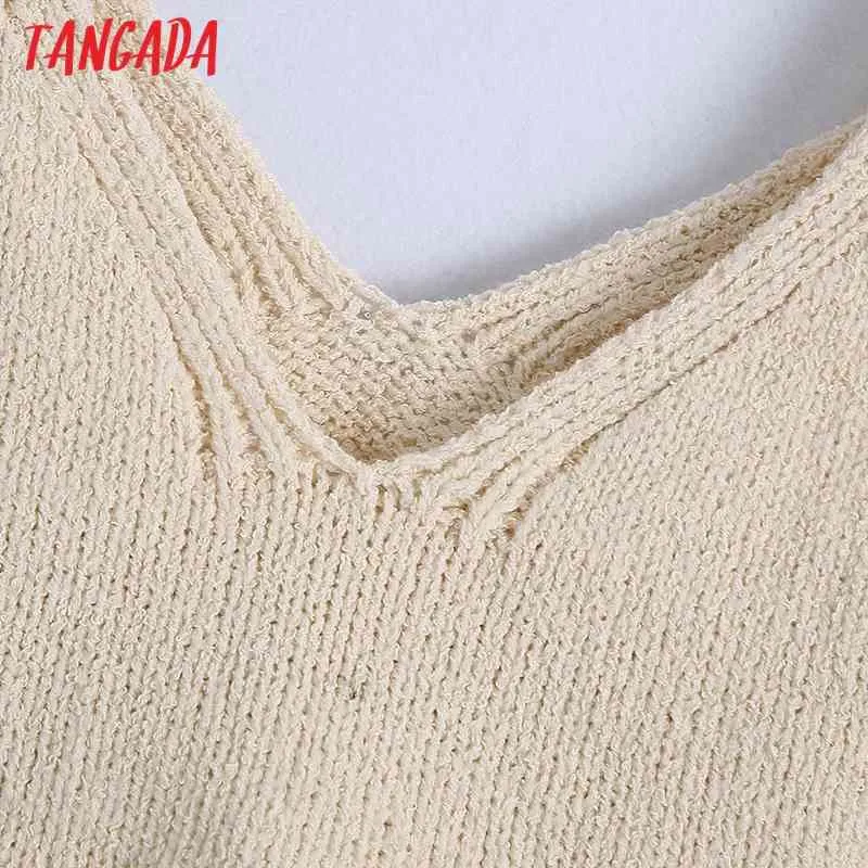 Frauen Mode Aushöhlen Beige Abgeschnitten Gestrickte Tank Tops Vintage V Neck Straps Weibliche Camis Mujer BE546 210416