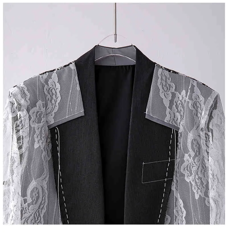 [EAM] Women Black Short Lace Embroidery Big Size Blazer Lapel Long Sleeve Loose Jacket Fashion Spring Autumn 1DD7695 21512