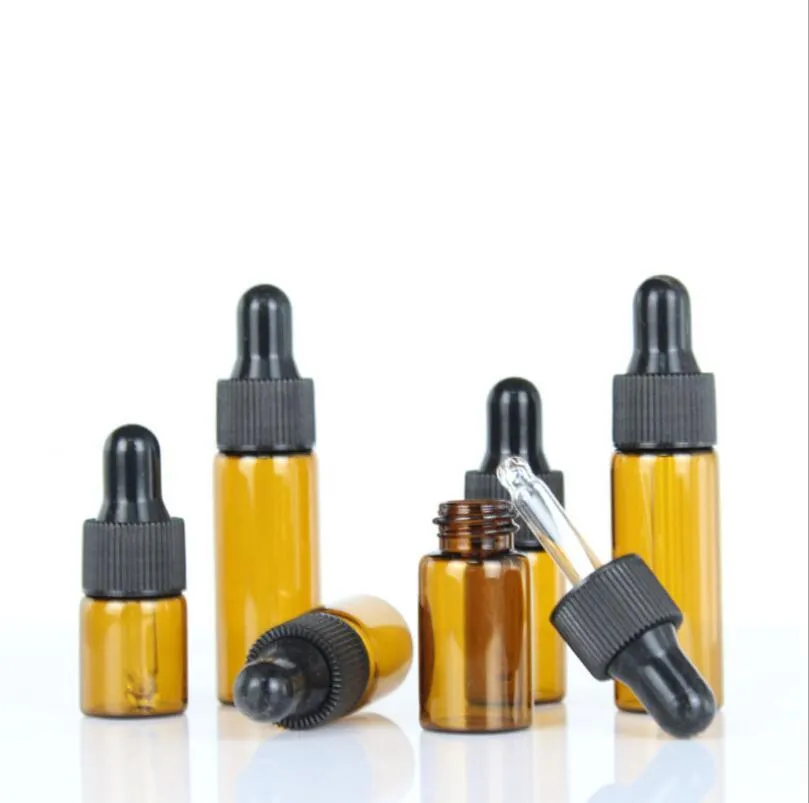 Flacon compte-gouttes en verre ambré de 5ml, 3ml, 2ml, 1ml, bocaux avec Pipette, pour parfum cosmétique, bouteilles d'huile essentielle, 100 pièces