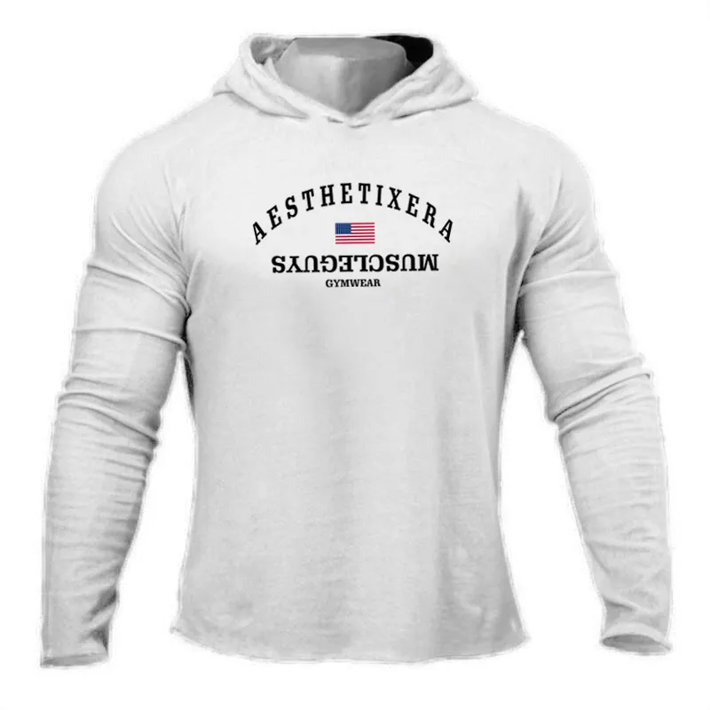 Muscleguys Outono nova manga longa t-shirt homens ginásio roupa desportiva Hoodies de algodão Bodybuilding e fitness tshirt mais tamanho 210421