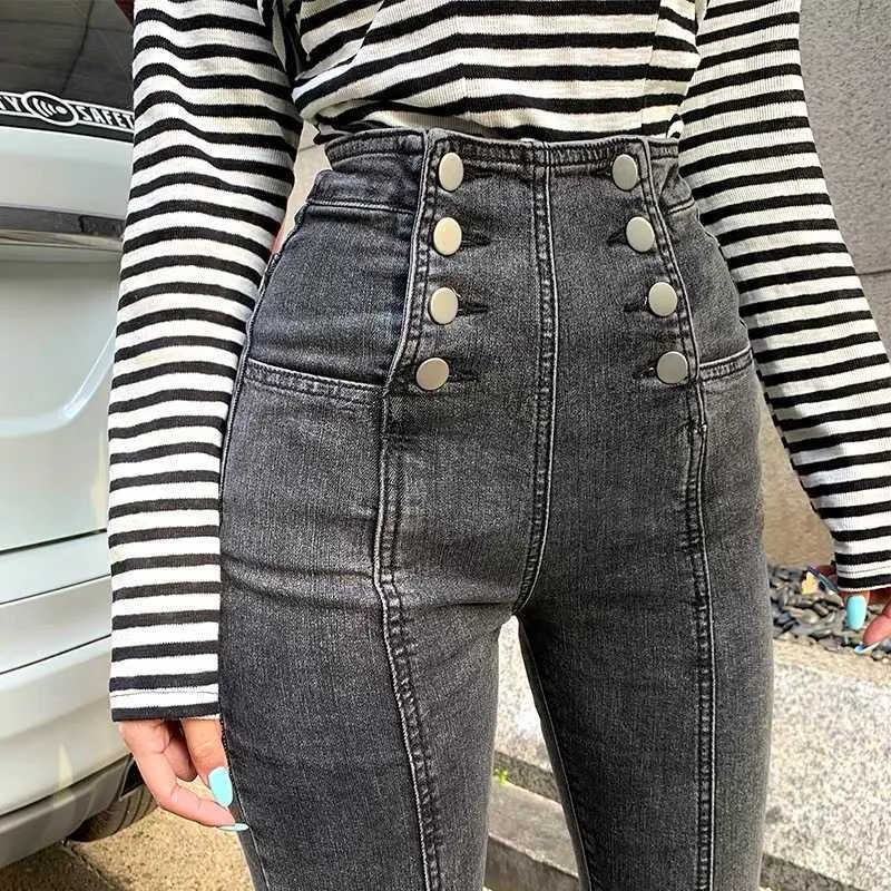 Jeans elastici a vita alta doppio petto street fashion design grigio scuro pantalone corto Leggings slim taglia media 210604