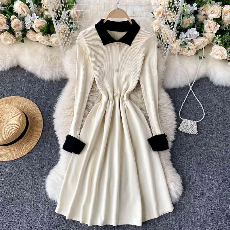 SINGREINY Women Korean Knitted Dress Turn-down Collar Long Sleeve Solid A-line Dress Autumn Winter French Sweet Streetwear Dress 210419