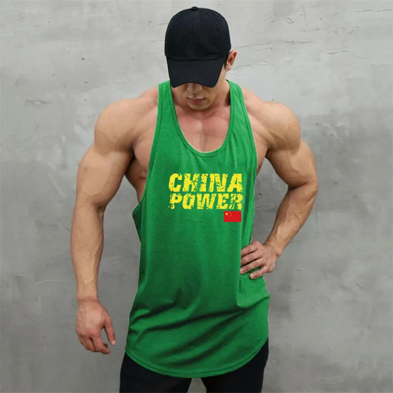 Kina Power Mens Mesh Fitness Clothing Gym Stringer Tank Top Men Bodybuilding Vest Workout Singlets Running Ärmlös tröja 210421