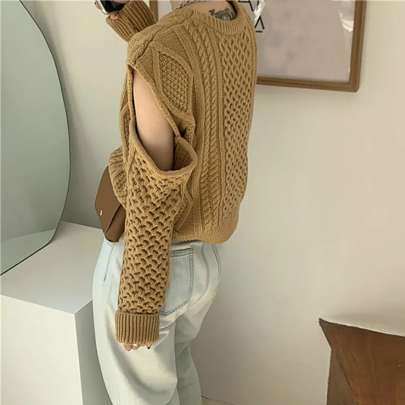 Ezgaga Twist Sweater Kvinnor Höst Vinter Ny Lös Japansk stil Av Skulder Solid Ladies Crop Tops Outwear Fashion 210430