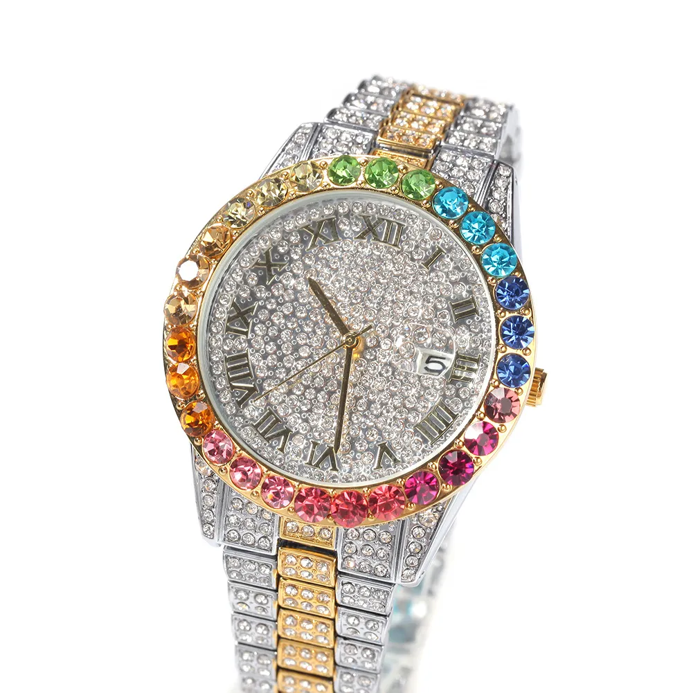 Hoge kwaliteit hiphop kleurrijk horloge 316L roestvrijstalen kast deksel volledige diamant kristallen band horloges kwarts pols horloges rapper199u