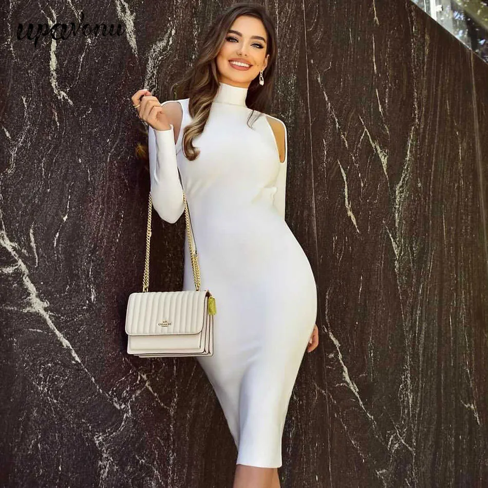Free Trendy Hollow Out Design Sexy Backless Button Embellished Celebrity Party Club Bandage Midi Dress Vestido 210524