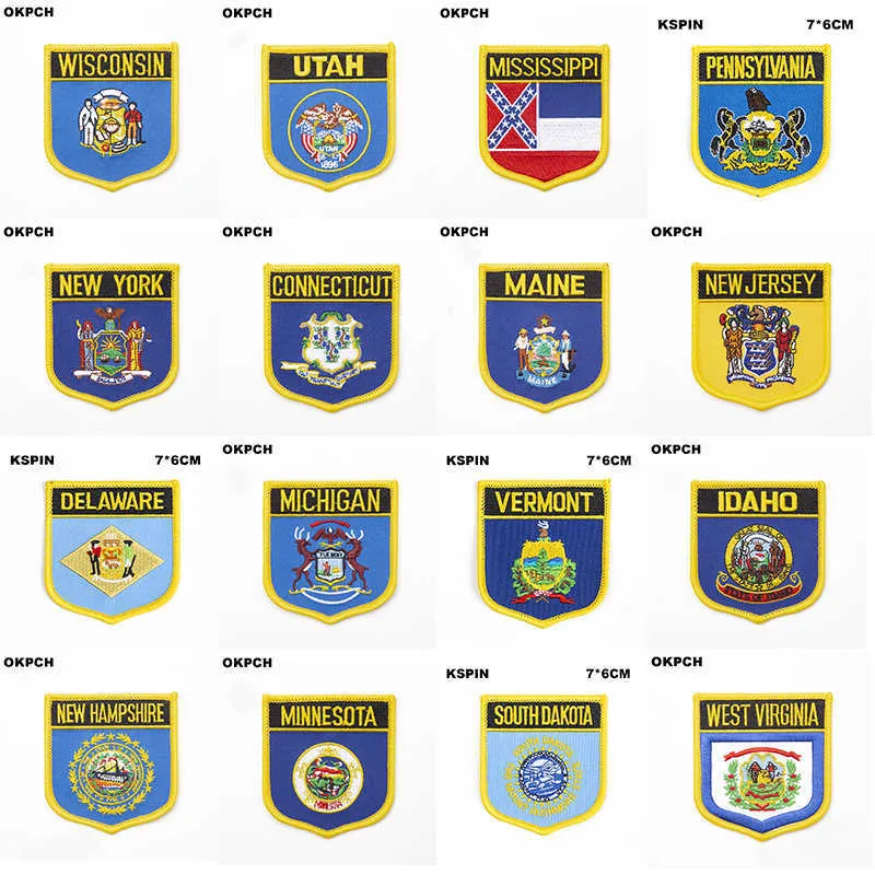 U.S.A Shield Forma Bandeira Patches North Dakota Hawaii Mississippi Pensilvânia Nova Iorque Connecticut Maine Maine Nova Jersey Delaware