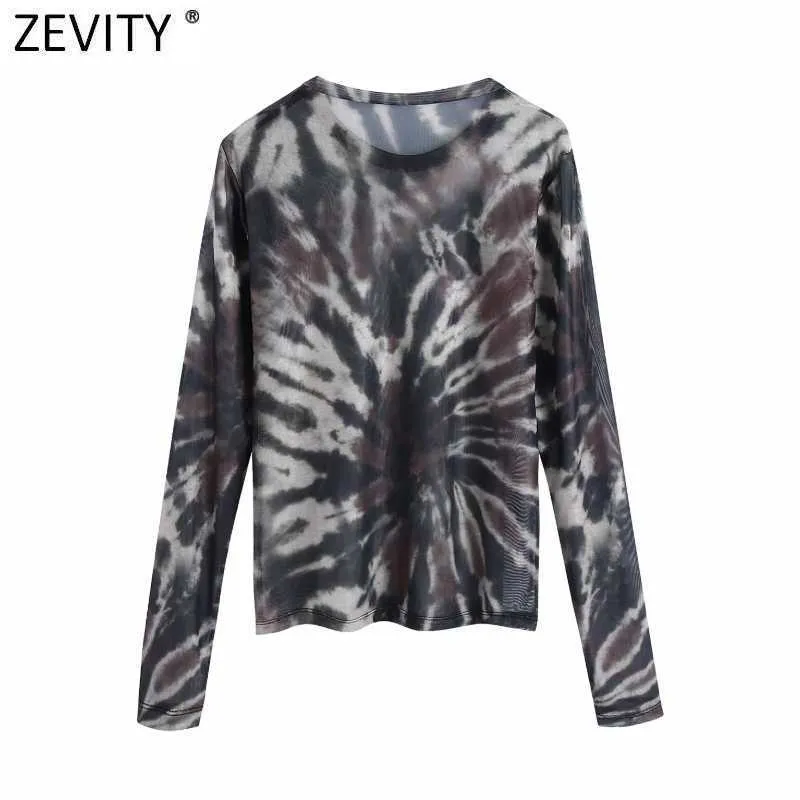 Zevity Frauen Chic Tie Dye Druck Transparent Mesh T Shirt Damen Langarm Tinte Malerei Casual Slim Freizeit Tops LS7392 210603