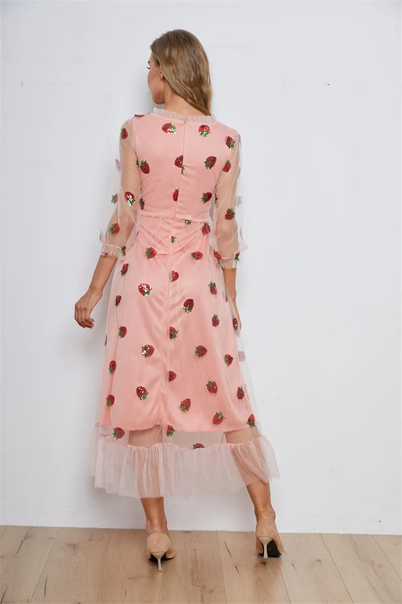 ISAROSE Women Strawberry Dress Embroidery Sequins Fruit Pink Black White Mesh Long Sleeve V Neck Sweet Dress Drop Shipping 210422