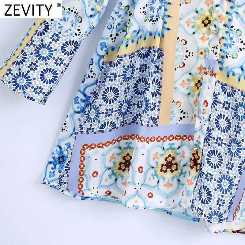 Zevity Women Vintage Vネッククロスパッチワークプリントミニシャツドレス女性シックな弾性ウエストレトロなvestidos DS8398 210603