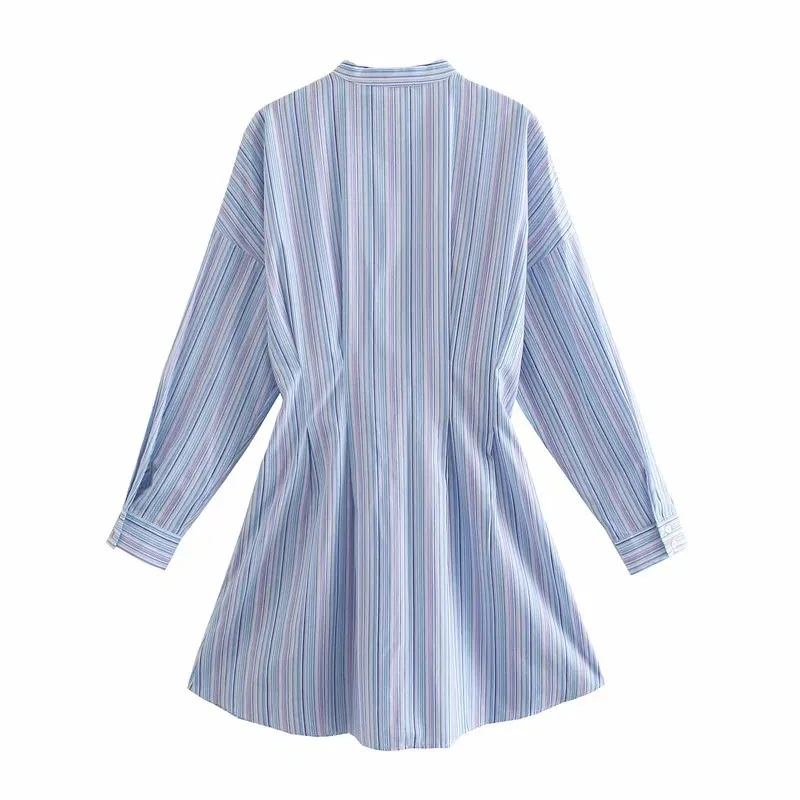 Primavera azul camisa a rayas vestido mujer manga larga fruncido corto es mujeres bolsillos casuales botón vintage 210519