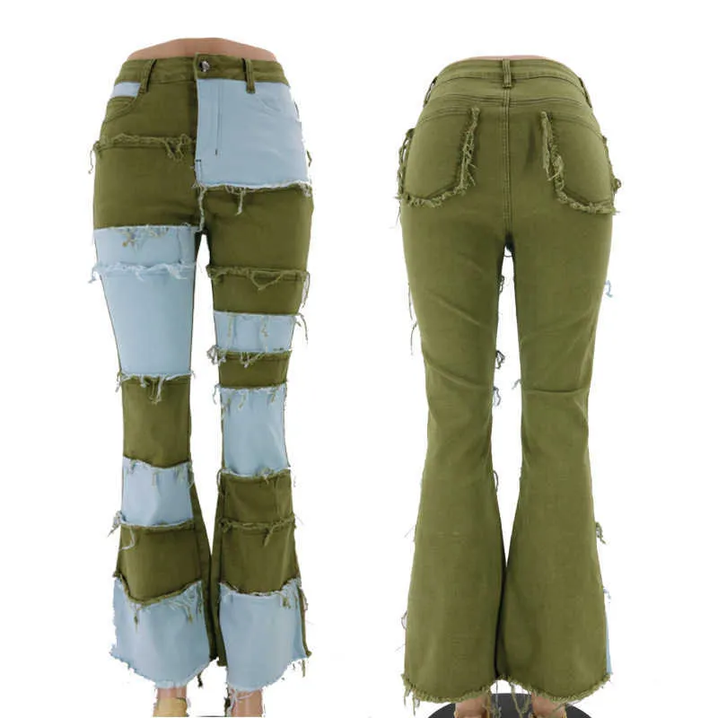 Bell Bottom Jean Patchwork Flare Stretch strappato Color Block Vintage Denim Pantaloni da donna Pantaloni 210629
