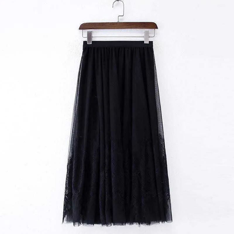 Été broderie maille Tulle jupe plissée femmes Style coréen mode élastique taille haute longue jupe Vintage noir Midi jupe 210619