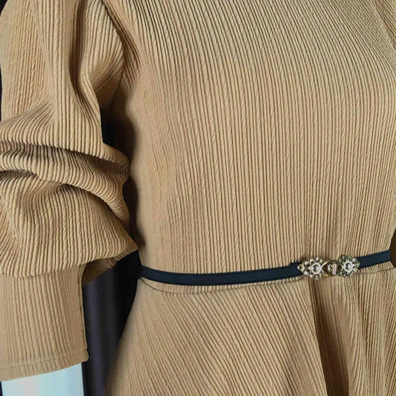 Women Khaki Set Long Lantern Sleeve Tops Pullover Waist Belt Slim Pants Elastic High Collar Autumn Fashion Suits Female 210416