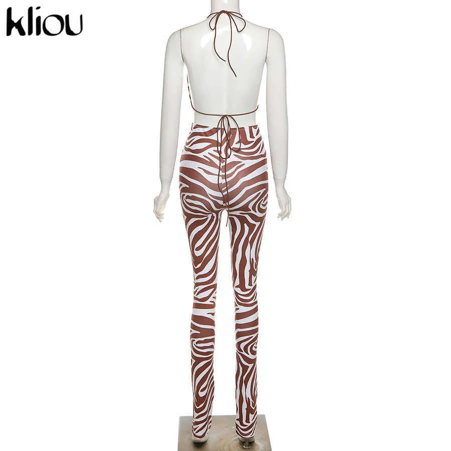 Kliou Drawstring Sexy Two Piece Set Women Zebra Print Halter Backless Crop Bra+Skinny Leggings Co-ord Suit Female Streetwear 210819