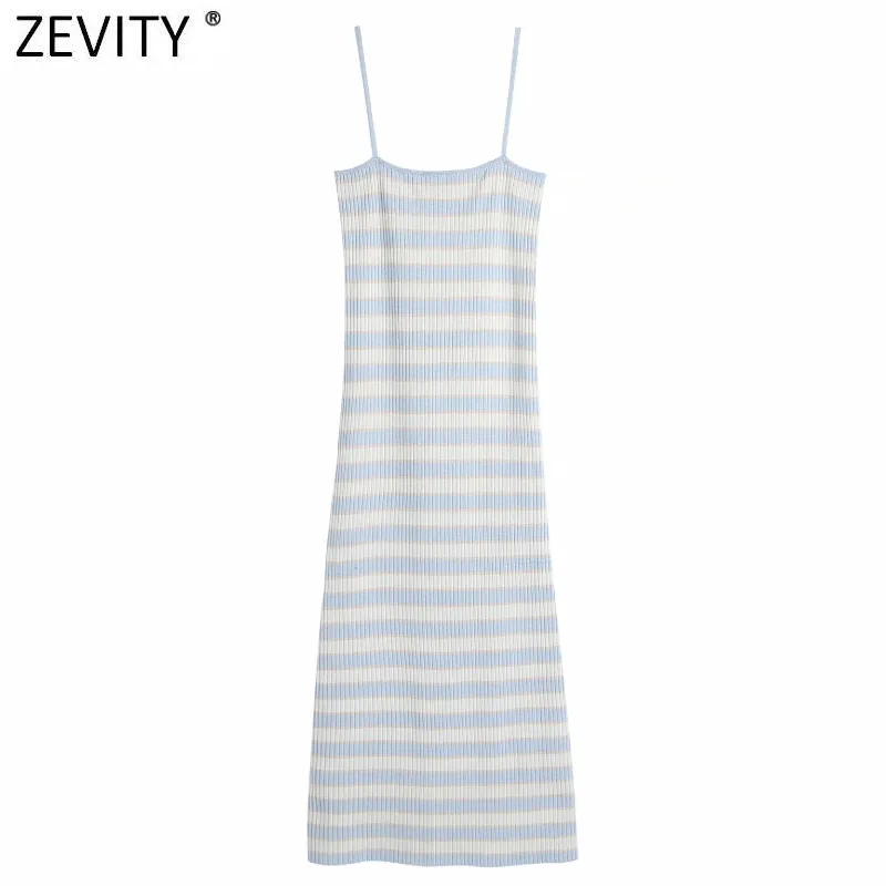 Kobiety Moda Paski Print Casual Slim Knitting Sling Sukienka Kobieta Chic Letni Spaghetti Pasek Vestido DS8283 210420