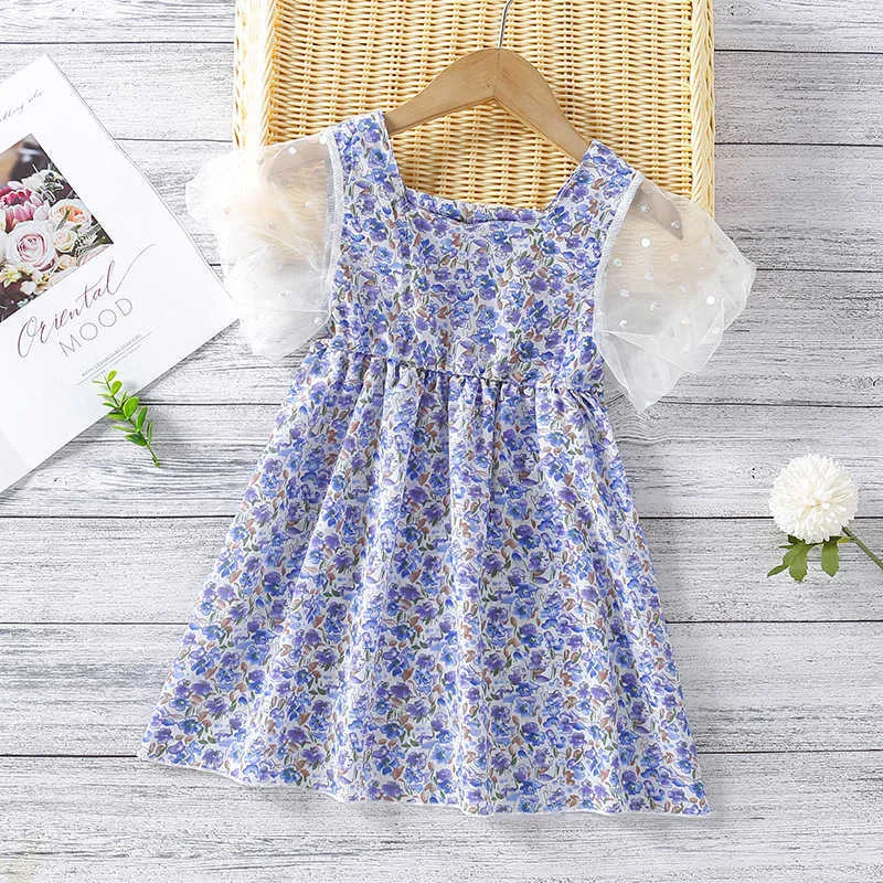子供の女の子の花パフスリーブAラインドレスのためのラインドレス素敵な花の夏サンドレス綿の服210529