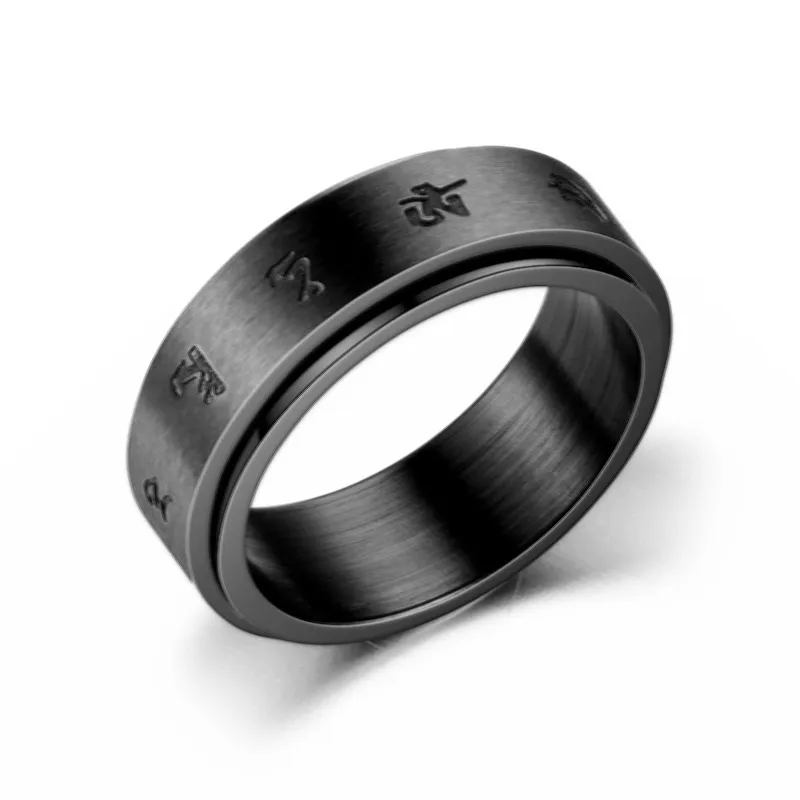 Spinner Letter Engraved Ring, Fidget Rings for Relieve Anxiety, Titanium Steel Black 8mm Chunky Spinner Bottle Opener Ring, Size 6-11,