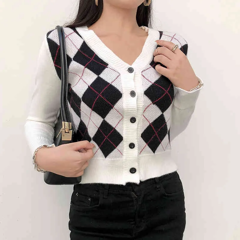 Argyle Button-Down-Strickjacke Pullover für Frauen Langarm Winter Mode Herbst Kleidung Koreanische Mantel Crop Top Femal 210415
