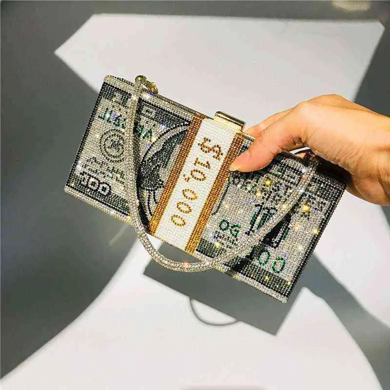 Shoulder Bags Wedding Evening Handbag Designer Luxury Money Clutch Rhinestone Purse 10000 Dollars Stack of Cash Handbags 220331