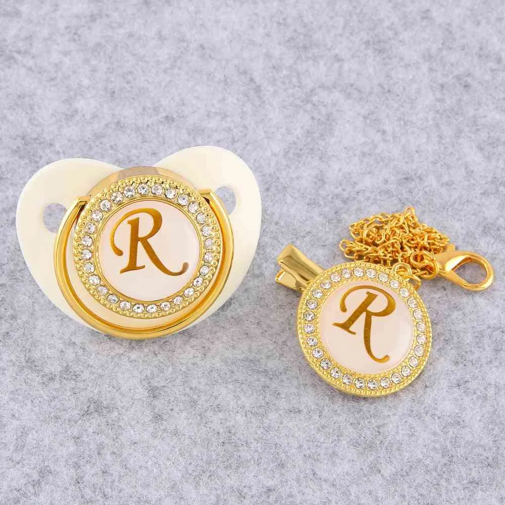 Golden Initial Letter Baby Pacifier With Chain Clip Luxury Sucette Bebe BPA White Chupete For 018 Months 2104077476546