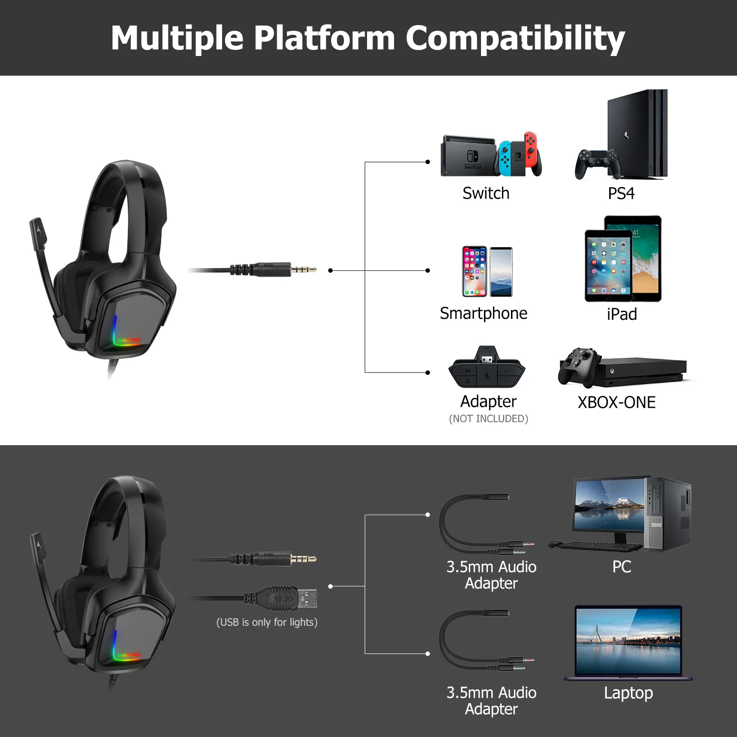 Наушники игровых наушников Onikuma K20 с микрофоном RGB Light Wired Headsets Shooth Отмена наушников для PS4 Xbox One Gamer Gamer