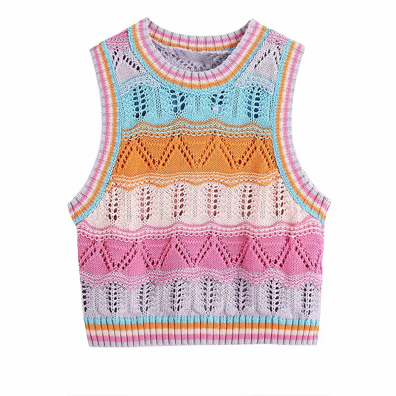 Women Summer ZA Knitting Blouses Tops Shirt Sleeveless O-Neck Hollow Out Female Short Fashion Sweet Street Top Blusas 210513