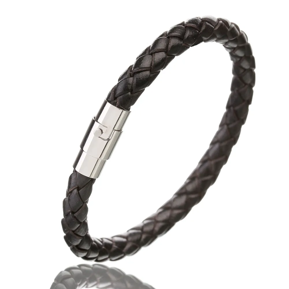 Черный подлинный плетеный кожаный браслет мужчины женщин из нержавеющей стали магнитные зажима мужские браслеты браслеты панк ювелирные изделия