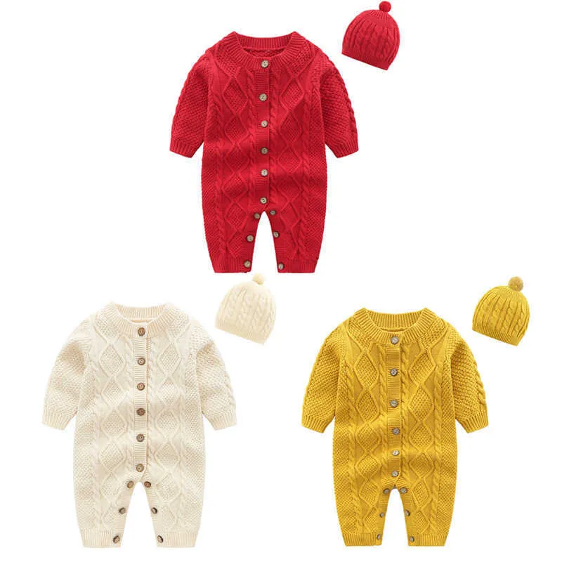 Bear Leader 3-24m Född höststickad Romper Baby Boys Pure Bomull Långärmad Tröjor Tjejer 2st Casual Romper med hatt 210708