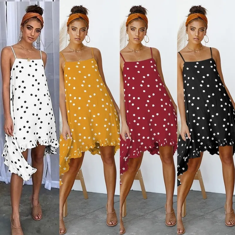 Donne Boho Summer Sundress Loose Dot Spaghetti Strap High Low Dress Sexy senza maniche Backless Mini Beach Abiti Bohemian Vestid 210514