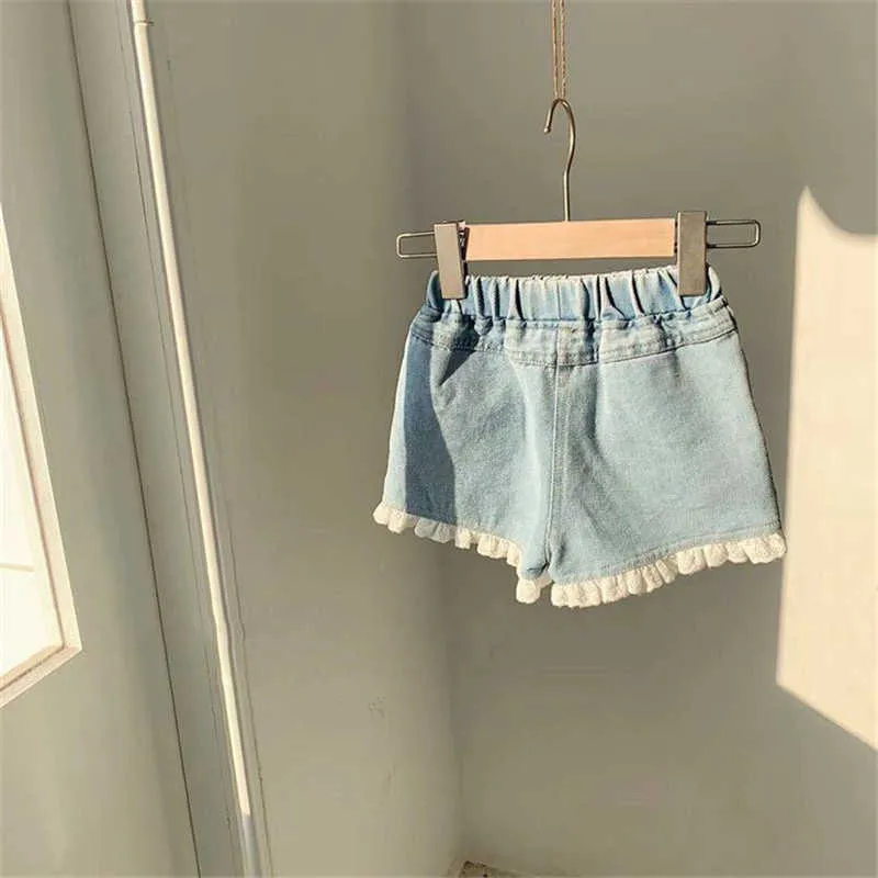2-9t jeans shorts voor meisjes peuter kid babykleding zomer casual ruches kant denim elegante schattige zoete broek 210723