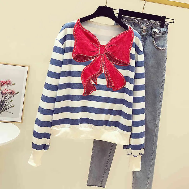 Luksusowy Design Damskie Rękawy Red Bow Stripe Loose T-Shirt Tee Jesień Dziewczyny Pullover Casual Tops Tees A4169 210428