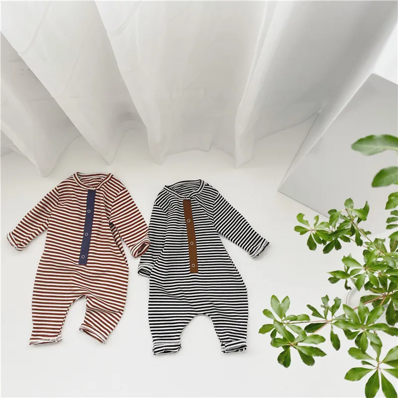 Frühlings-Baby-Jungen-Mädchen-Baumwoll-Langarm-Strampler mit Streifen, lässige Overalls, Oberbekleidung 210508