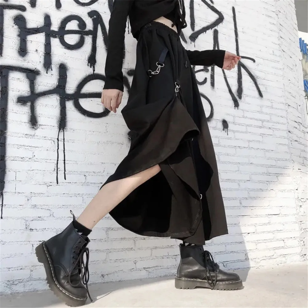 Lâche Hip-Hop Punk Élastique Taille Haute Jupe Cargo Femmes Coréenne Ulzzang Casual Gothique Long Dark Streetwear Noir Saia 210421
