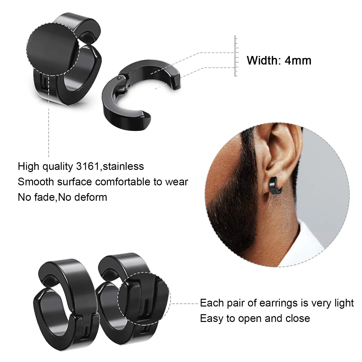 14 pares de aretes magnéticos de acero inoxidable con clip, aretes de aro con bisagras de plumas sin perforación, conjunto de aretes magnéticos con circonita cúbica unisex 10081073163