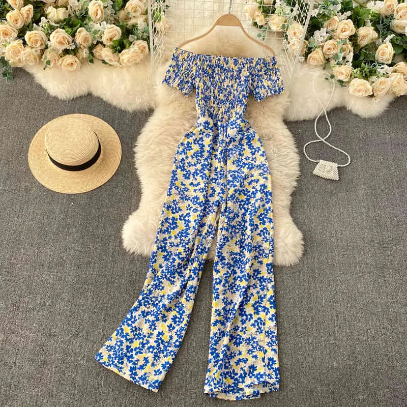 Singreiny Women Boho Floral Jumpsuit Koreaanse Elastische Ruched Slash Neck Rompertjes Zomer Uit Schouder Vakantie Wide Peen Long Rompertjes 210419