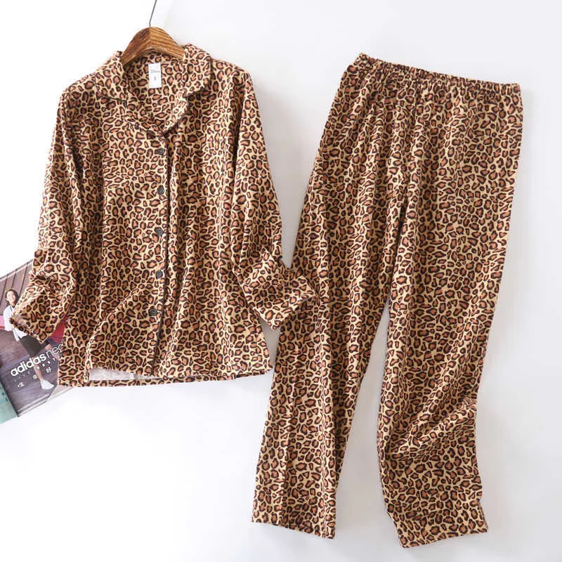 Il pigiama vintage leopardato imposta il pigiama di flanella moda pigiama invernale da donna in cotone spazzolato al 100% 210830