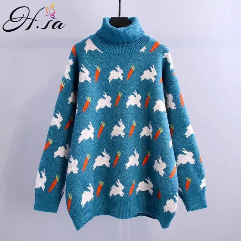 H.SA invierno otoño suéter de cuello alto y pulloevr dibujos animados lindo conejo tirar suéteres overzied out knit tops jumper mujeres 210417