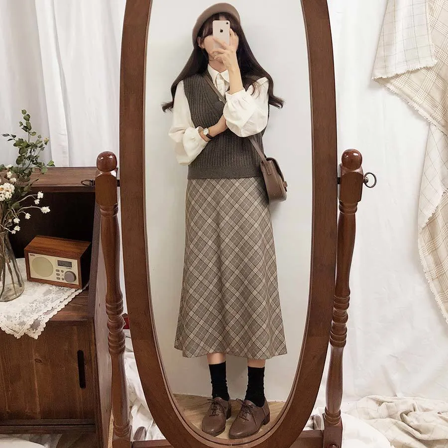 Plus Size Harajuku Koreański Szary Kobiety Zipper Wysoka Talia Szkoła Dziewczyna Plisowana Plaid Vintage Długa Spódnica 210417