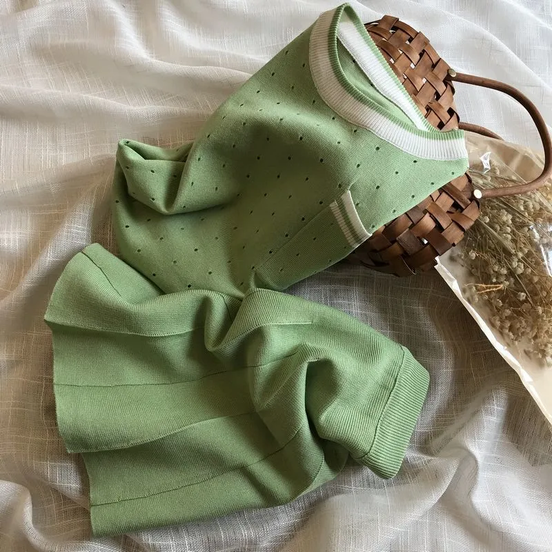 Summer Ins Green Fashion Casual Punto de punto Conjunto de 2 piezas Mujeres Crop Top Jersey Suéter + Falda plisada Conjuntos Ensemble Femme 210514