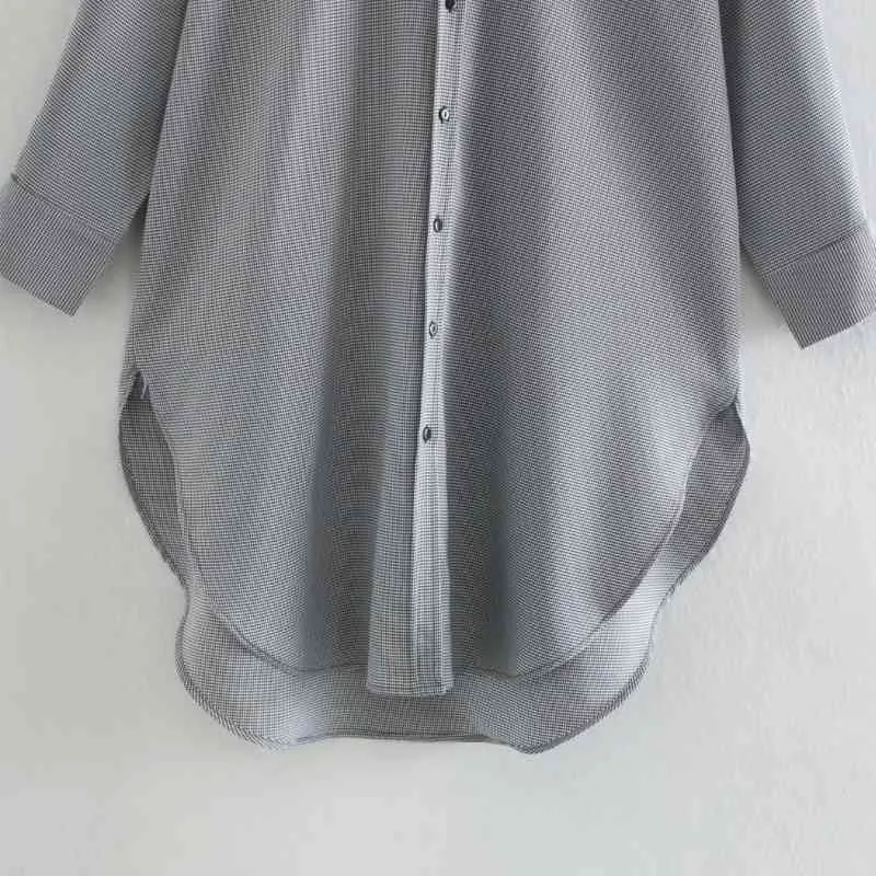 Mode kvinnor lös sida slit houndstooth tröjor kvinnlig långärmad blusar casual lady turndown krage tops blusas s8273 210430