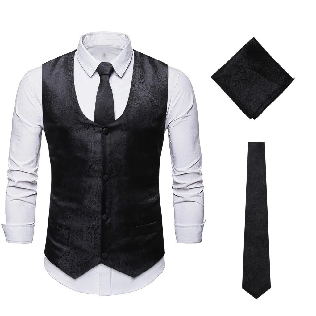 Men's Black Paisley Floral Jacquard Waistcoat Vest Handkerchief Tie Suit Pocket Square Set XXL
