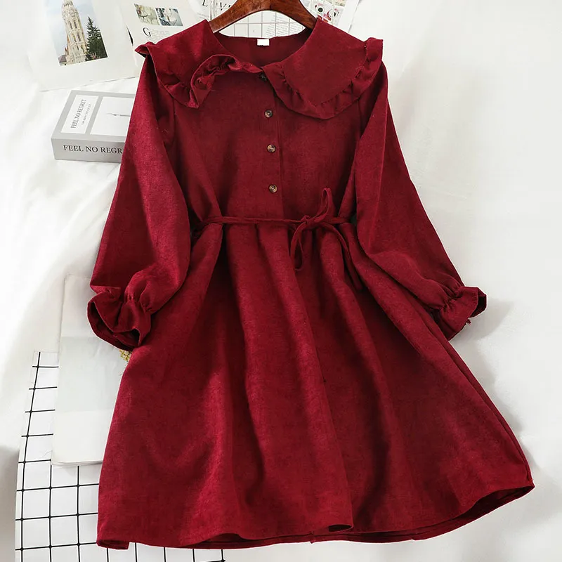 Ezdgaga Sweet Women Dress Peter Pan Collar Wysoka Talia Bandaż Długi Rękaw Rękawy Loose Wiosna Koreańska Elegancka Sukienka Vestidos 210430