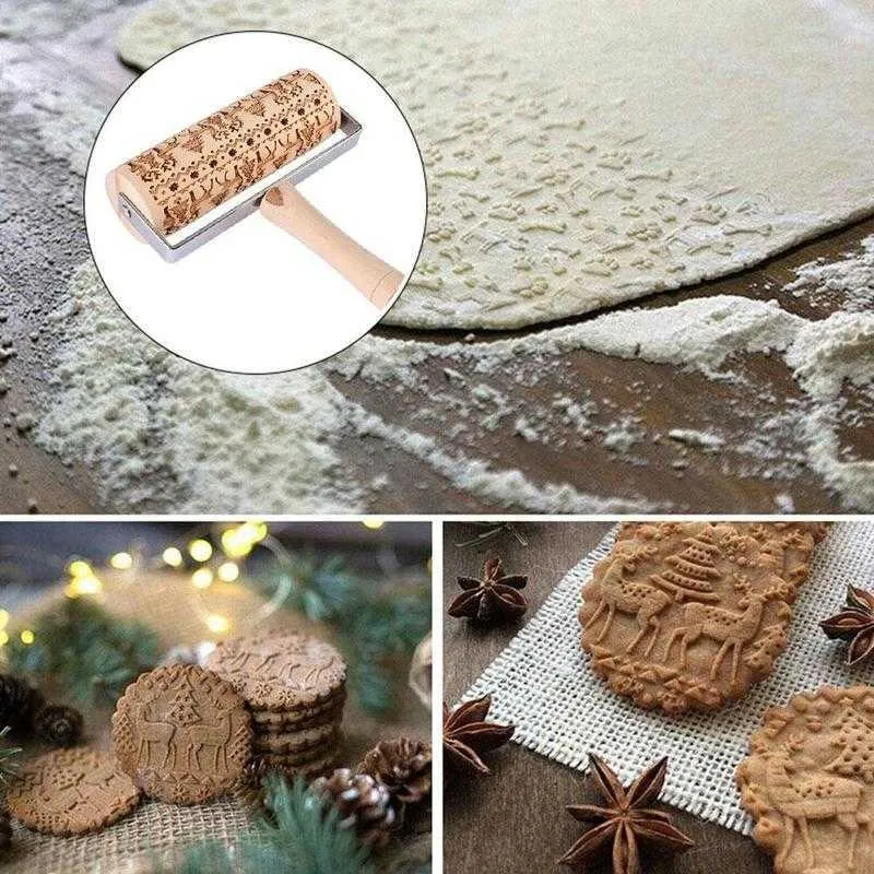 Christmas Embossing Rolling Pin Cookies Biscoitos Biscoito Biscoito Fondant Massa de Bolo Gravado Roller Rena Snowflake Press Tools 211008