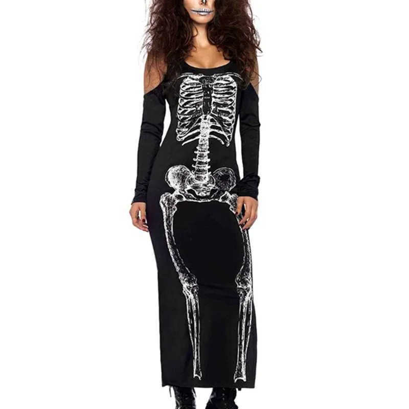Robe noire à manches longues Costume d'Halloween pour femme Squelette effrayant Sexy sans bretelles 1 pièce Y1006